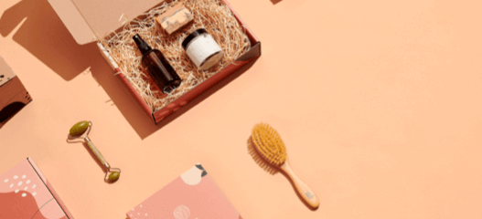 product box with cosmetics and wood wool