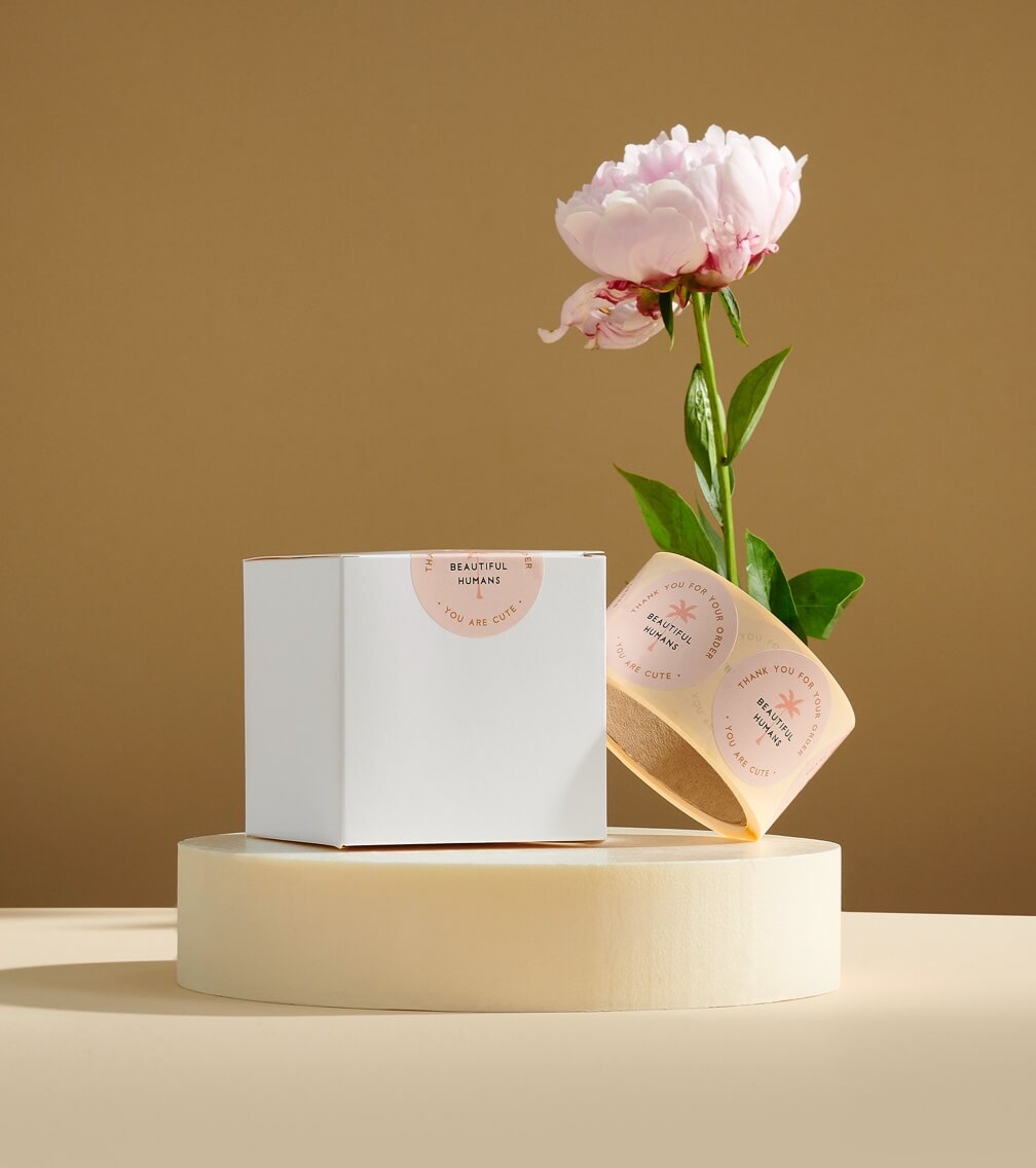 white product box with pink label