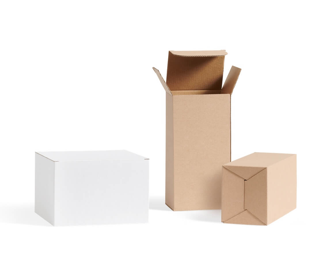 kraft and white cardboard product boxes
